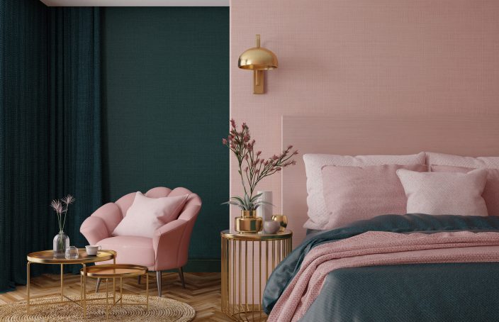 Bedroom interior.Art deco style.Design with green pink and gold color.3d rendering