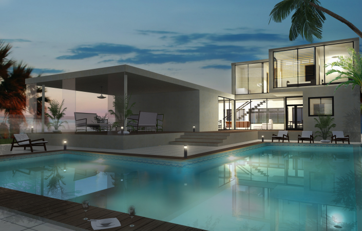 Maison Libération piscine nuit Archionline