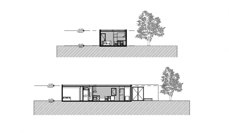 Maison container et plan de coupe